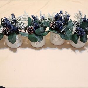 4 Premade Faux Winter Blue Berry/ Pine Cone Containers